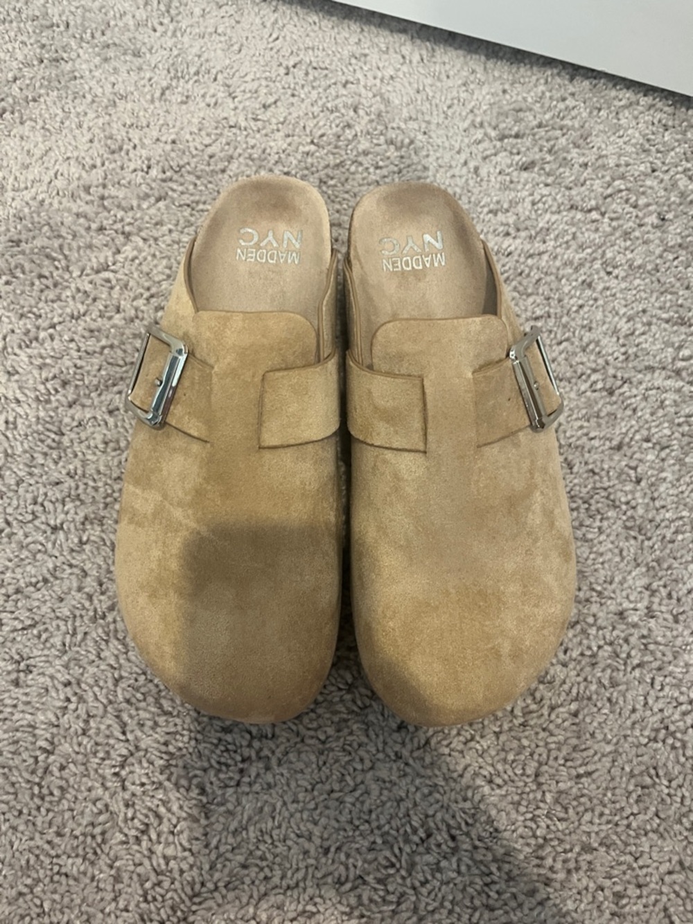 Madden NYC Women's Tan Suede Clog Mule with Buckle